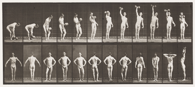 Plate 321. A, Lifting a 50 lb Dumb-Bell; B, Posing, 1872-85 (collotype on paper)