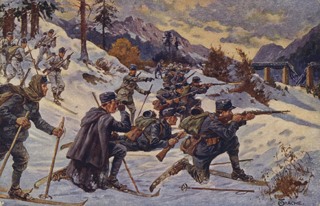 German and Austrian ski troops at the Dukla Pass, Carpathians, World War I, 1914-1915 (colour litho)