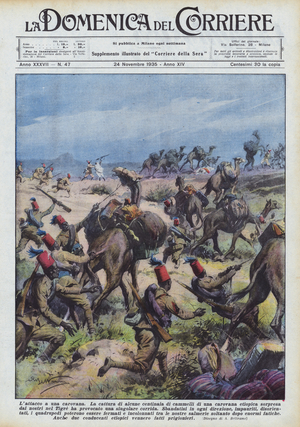 The attack on a caravan (colour litho)