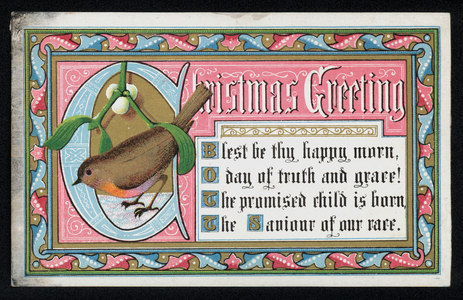 A robin, mistletoe and verse, Christmas greetings card. (chromolitho)
