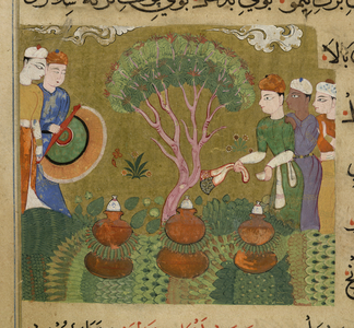 Preparation and distillation of flavourings and perfumes, from The Ni'matnama-i Nasir al-Din Shah, 1495-1505 (opaque w/c on paper)