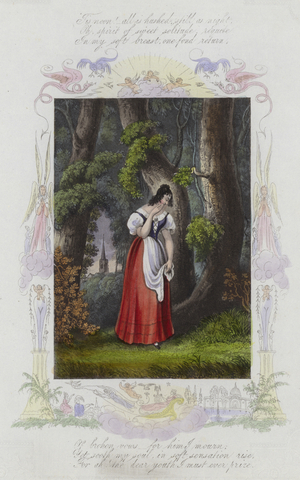 British Valentine card with an image of a woman standing among a group of trees (colour litho)