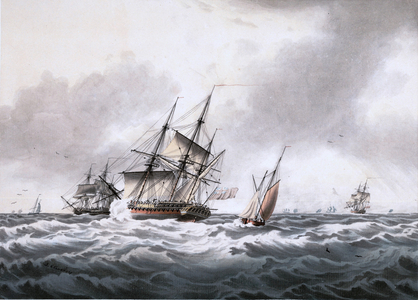 A British frigate and other shipping off Tenerife (pen, ink & w/c on paper)