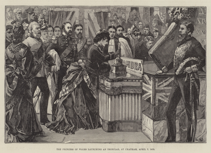 The Princess of Wales launching an Ironclad, at Chatham, 7 April 1875 (engraving)