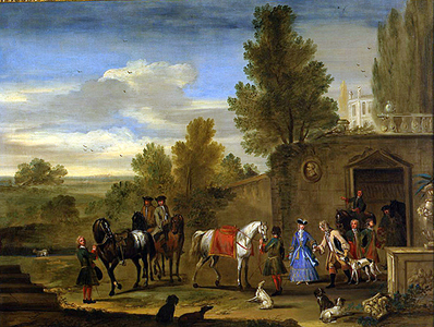 Equestrian group outside the walls of a castle (oil on canvas)