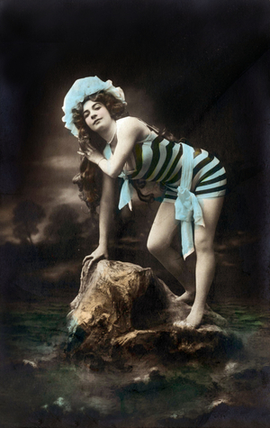Lady Ellinor on a rock, wearing a swimsuit, postcard, c. 1905