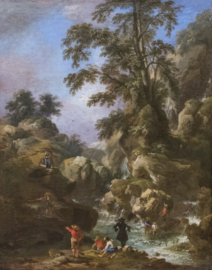 Landscape with waterfall and figures, 17th century (oil on canvas)