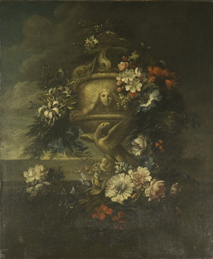 Flowers in a Sculptured Vase (oil on canvas)