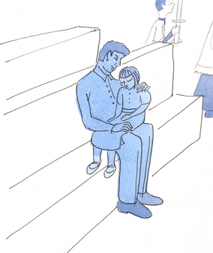 The Lord is no more concerned by my distraction at Mass, when I'm tired and in pain, than if I were a sick child on her father's lap, at Mass, 2004 (w/c on paper)