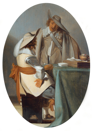 Two men in conversation at a table (oil on panel)