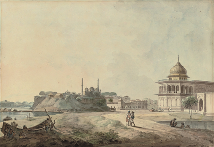 A view of Lucknow including part of the Palace of Nawab Asaf-ud-daulah, taken from the southen bank of the River Gumti (pencil & watercolour)