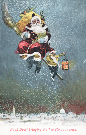 Father Christmas on his broom, Christmas Card (chromolitho)
