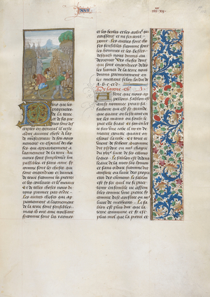 Miners working at a quarry. Text beginning with decorated initial 'P'