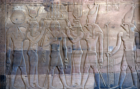 Ancient Egypt, Wall painting/carving, Ptolemy XIII being presented to Horus, Sebek and Horus Temple, Kom Ombo (photo)