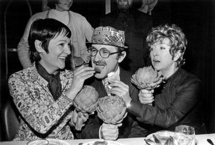 Suzanne Gabriello (Zizou) and Mick Micheyl June 17, 1971 Giving Artichoke To Zanini (b/w photo)