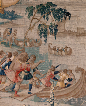 Flemish tapestry. Series The Labours of Hercules. Hercules and Antaeus (Hércules y Anteo). Fourth tapestry in the extant series. ; Model Unknown. Manufacture Willem Dermoyen, Brussels. Ca 1528. Fabric Silk and wool. Size 362 x 403 cm. Location Royal Palace of Madrid. Origin Collection of Philip II. On display Royal Armoury.