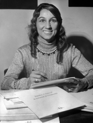 Janine Charrat Dedicates Jacques Baril's Book, entitled “Janine Charrat Ou La Temptation De L'Impossible”, At L'Hotel De Montmorency, September 18, 1969 (b/w photo)