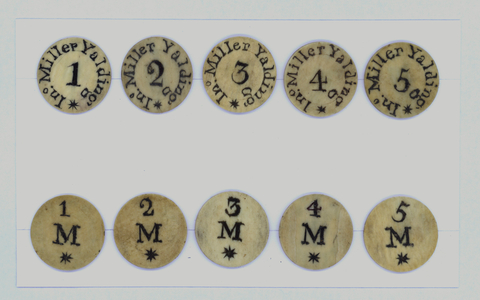 Georgian hop tokens used by a farmer named Miller to pay his workers at Yalding, Kent (colour litho)