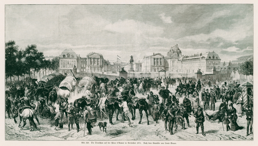 German soldiers on the Place d'Armes, Versailles, France, Franco-Prussian War, 1871 (litho)