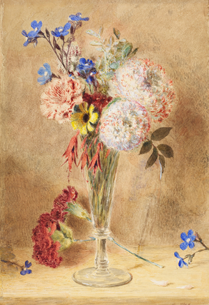 Flowers in a glass vase (w/c on card) 