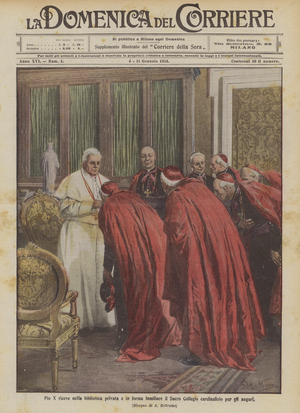 Pius X receives in the private library and in family form the Sacred College of Cardinals for his good wishes (Colour Litho)