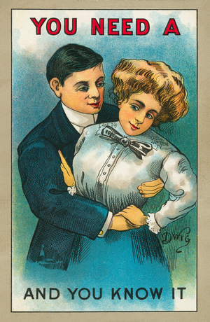 Man embracing a woman (colour litho)