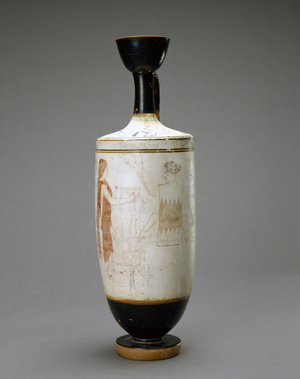 White Ground Lekythos with Young Woman at a Tomb, 450-440 BC (terracotta with white ground)