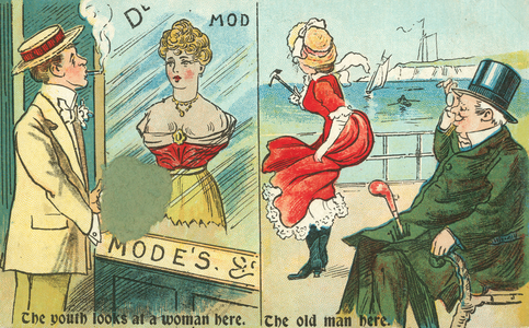 The youth looks at a woman here (colour litho)