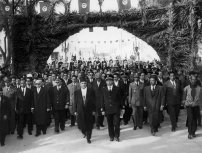 In Tunis on march 20, 1956 president Habib Bourguib and tunisian officials celebrating independence of Tunisia