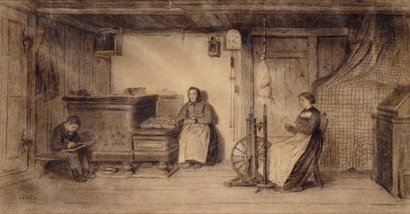 In the Farmhouse Parlour,  (pencil and charcoal on paper)