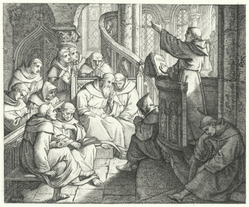 Martin Luther preaches to Johann von Staupitz and the other monks at the monastery (engraving)