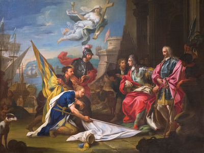 The grand master Marcantonio Zondadari receives the turkish standars