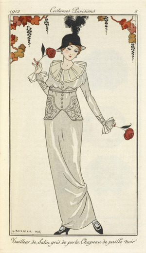 "Tailleur de satin gris de perle, chapeau de paille noir."
