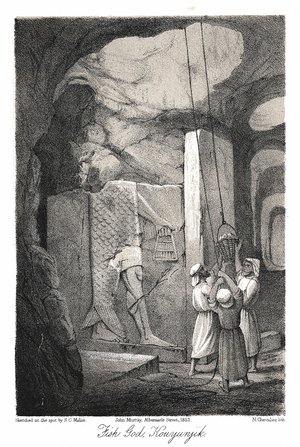 Excavating a low-relief carving of the Fish god Dagon. From Austen Layard Discoveries in the Ruins of Ninevah and Babylon London 1853. Lithograph.