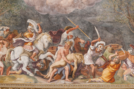 Ajax protecting Patroclus's corpse during the battle of Troy, 16th century (fresco)