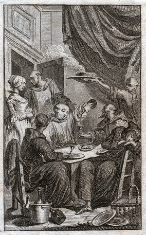 Monk feast. Monks' feast. (engraving, 18th century)