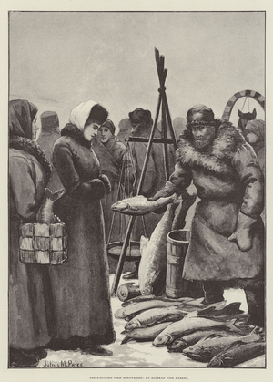 The Klondike Gold Discoveries, an Alaskan Fish Market (engraving)