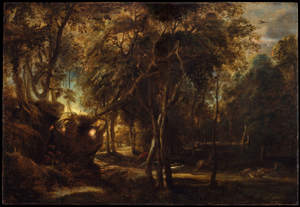 A Forest at Dawn with a Deer Hunt, c.1635 (oil on wood)