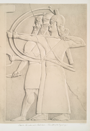 Two archers and a shield bearer, 1849 (lithograph)