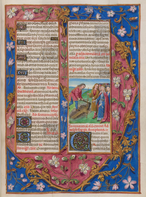 Sanctorale. The Invention of the Cross (added c. 1500). Floral border. Text and initials.