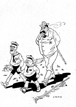 Propaganda. Stalin forces Roosevelt and Churchill home. 1943