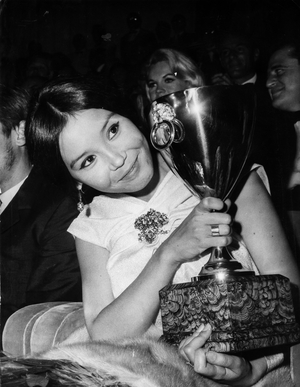 Natalia Arinbasarova Volpi Cup for the Movie the First Teacher, Venice Film Festival, 1966 (b/w photo)