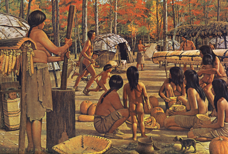 Michigan: Michigan Indians, Algonquian Village, about 1500 AD (colour litho)