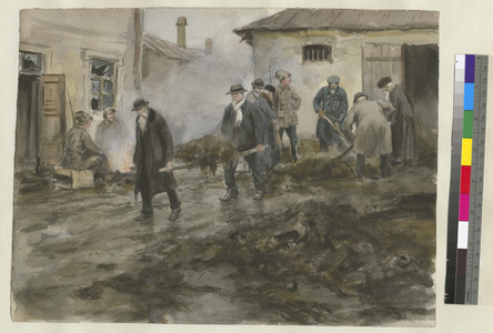 Men shoveling and others carrying hay through a street, 1919 (w/c on paper)