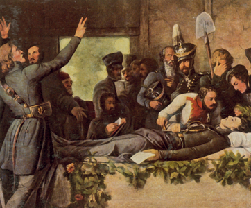 The Lützowers at Körner's corpse, 26 August 1813 (enhanced colour litho)