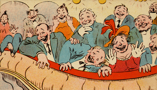 Caricature of an audience laughing, Au théâtre-La pièce rigouillarde', postcard (print)