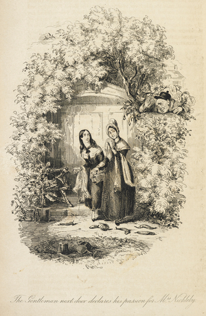 Illustration with the title 'the gentleman next door declares his passion for Mrs Nickleby.