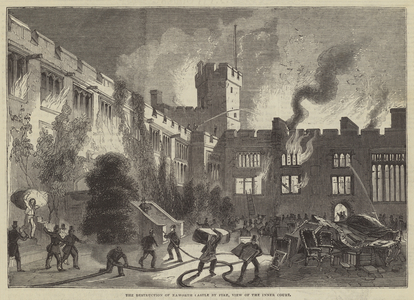 The Destruction of Naworth Castle by Fire, View of the Inner Court (engraving)