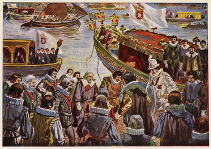 Philip II of Spain arriving in Lisbon, 1580 (colour litho)