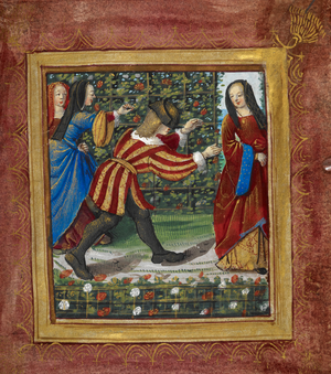 An emblematical miniature set in a garden hedged with red and white roses. The lover, his eyes blindfolded, is trying to catch one of the ladies who, far from slipping away, seems to be waiting for him. Another lady is trying to mislead him by tapping his shoulder, but he does not let himself be distracted. Rather than choose blindly, he will head straight to his true love even without the help of his eyes. Illustrating a love poem dedicated by Pierre Sala to Marguerite Builloud.